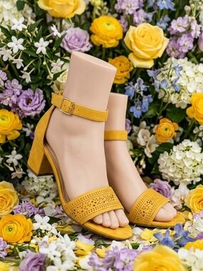 Ankle-Strap Block Heel Sandals in Mustard Yellow